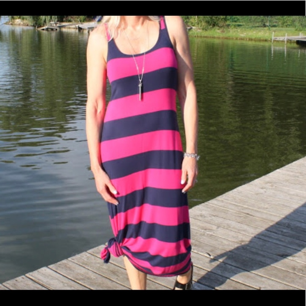 Old Navy Pink & Navy Stripe Maxi Dress
